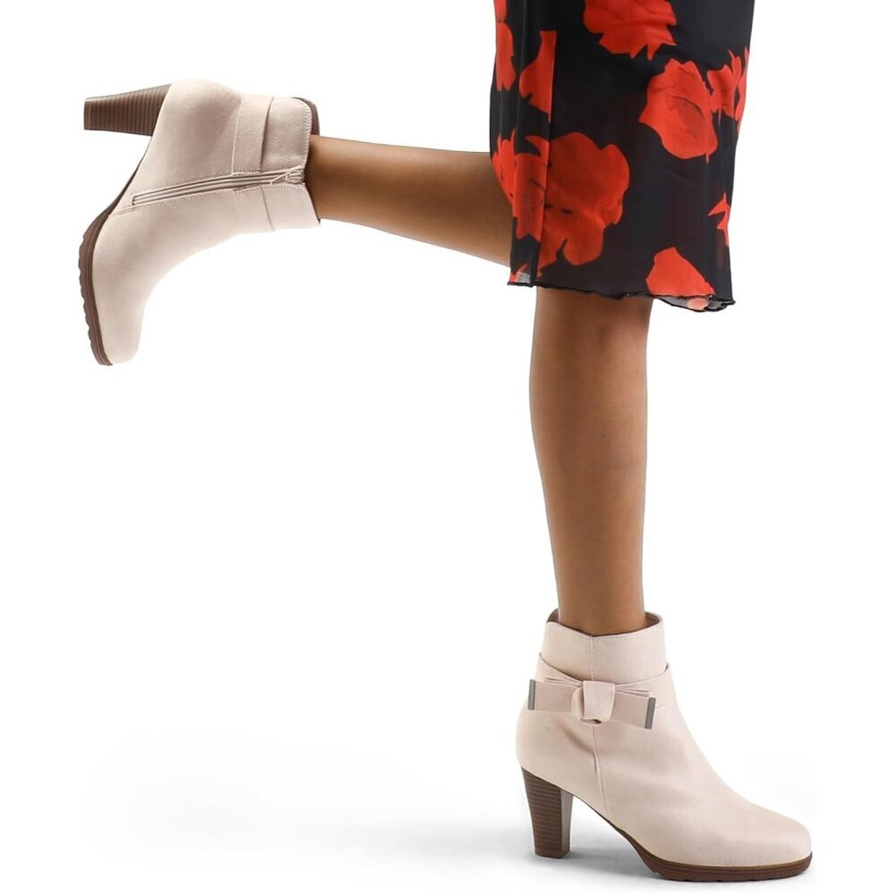 Women's Beige Bow Suede Booties Chunky Stacked Heel Zipper Ankle Boots - Picture 2 of 6